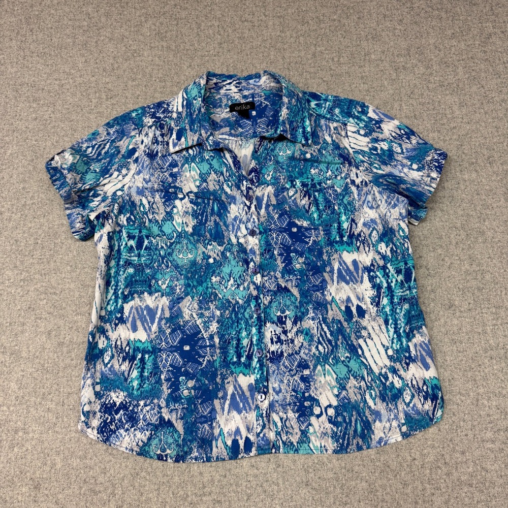 Erika Button Up Shirt XL Blue White Ikat Abstract Print Short Sleeve Tab Cotton